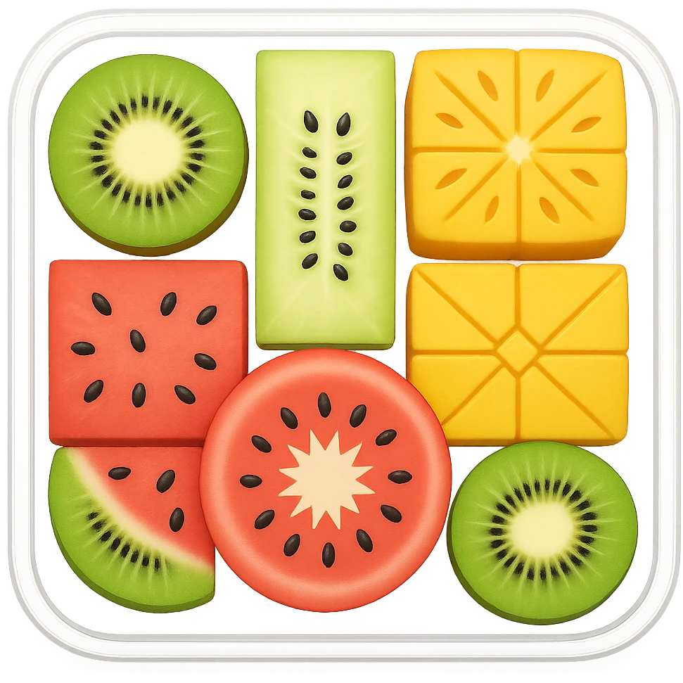 Change the box to a transparent container, keep the fruit platter arrangement the same, in the style of emoji (apple style emojis). emoji