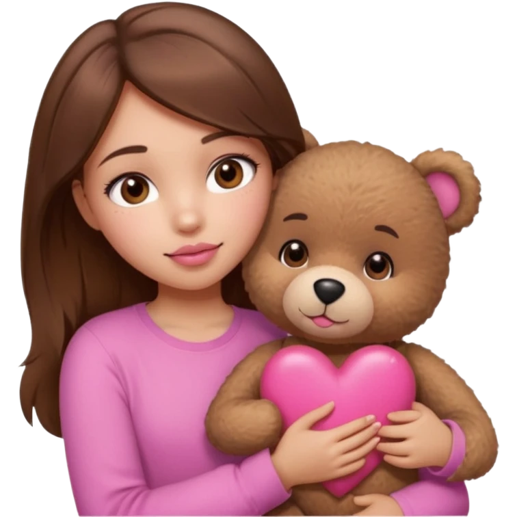 girl with long wavy brown hair, brown eyes, light to medium complexion, in a pink shirt, pink lips, long lashes, hugging squeezing  a teddy bear with hearts emoji