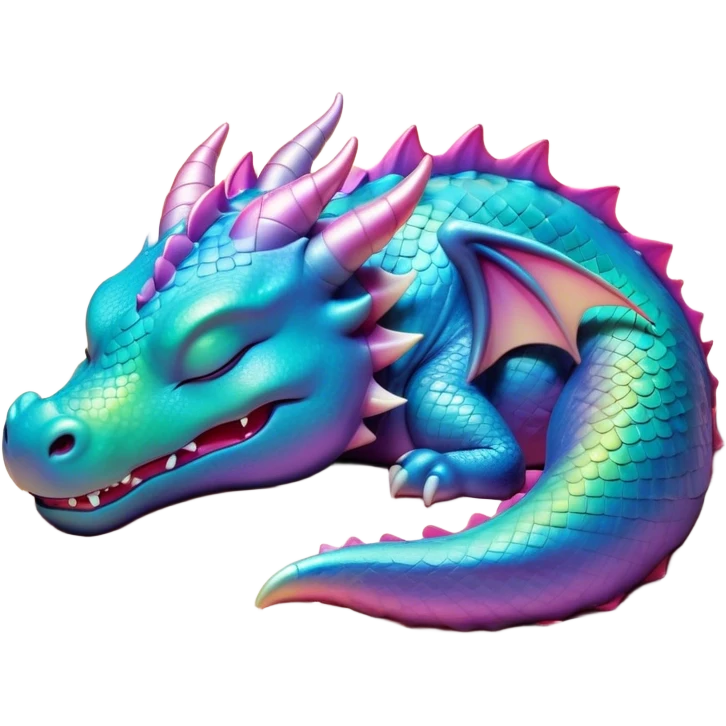 Meme-Worthy Cute Sleeping Dragon Portrait Emoji, Head resting peacefully with a contented smile, showcasing a sinuous, graceful build and a luxuriously soft, iridescent scaled body, eyes gently closed in serene, magical slumber, Simplified yet hilariously adorable features, highly detailed, glowing with a soft, drowsy mystical light, high shine, relaxed and utterly lovable, stylized with an air of playful fantasy, soft glowing outline, capturing the essence of a sleeping dragon that feels destined to become the next viral sensation of enchanted rest! emoji