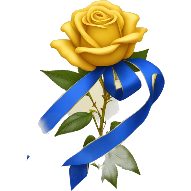 Royal blue and gold ribbon tied around the stem of a yellow tea rose emoji