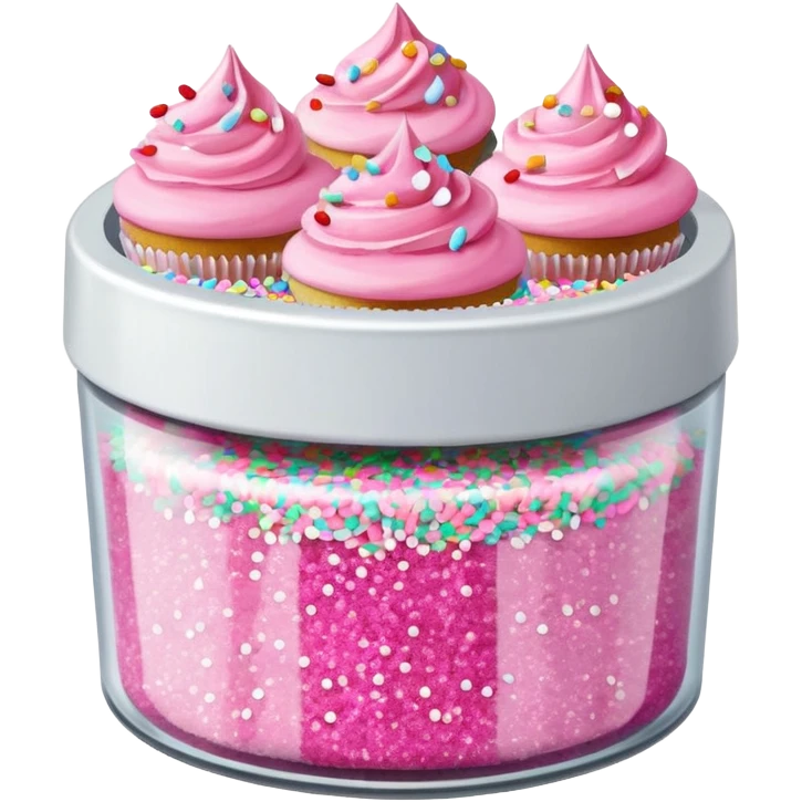 silver glitter in a small clear circular container with white lid, can of sprinkles, and pink cupcakes (all isolated)  emoji