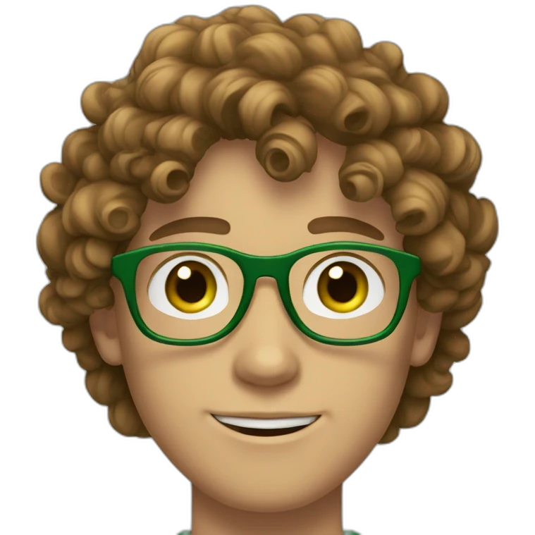 white 19 year old guy with green eyes and curly brown hair and circular green glasses emoji