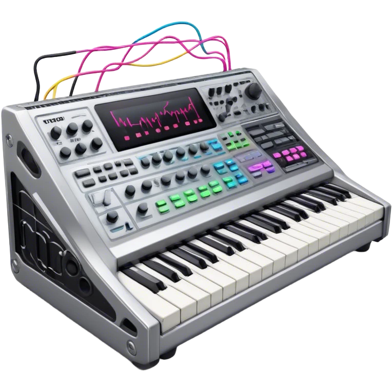 Create a professional and detailed emoji that represents sound design. The design should feature a high-end studio synthesizer, specifically a Korg synthesizer, with a mixing console and control panel, all connected with audio cables. Surround the equipment with flowing sound waves or musical notes to symbolize the creation and manipulation of sound. Use colors like metallic silver, black, and neon accents to emphasize the technical, creative nature of sound design. The background should be transparent. emoji