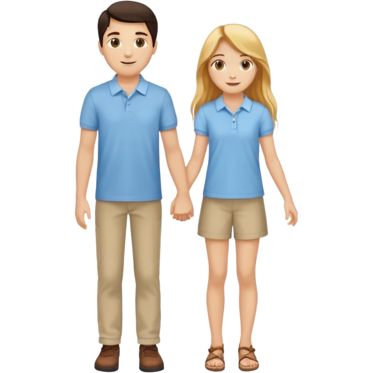full-length happy couple, girl with long golden hair and hazel eyes in summer outfit, boy with dark hair in light blue polo emoji