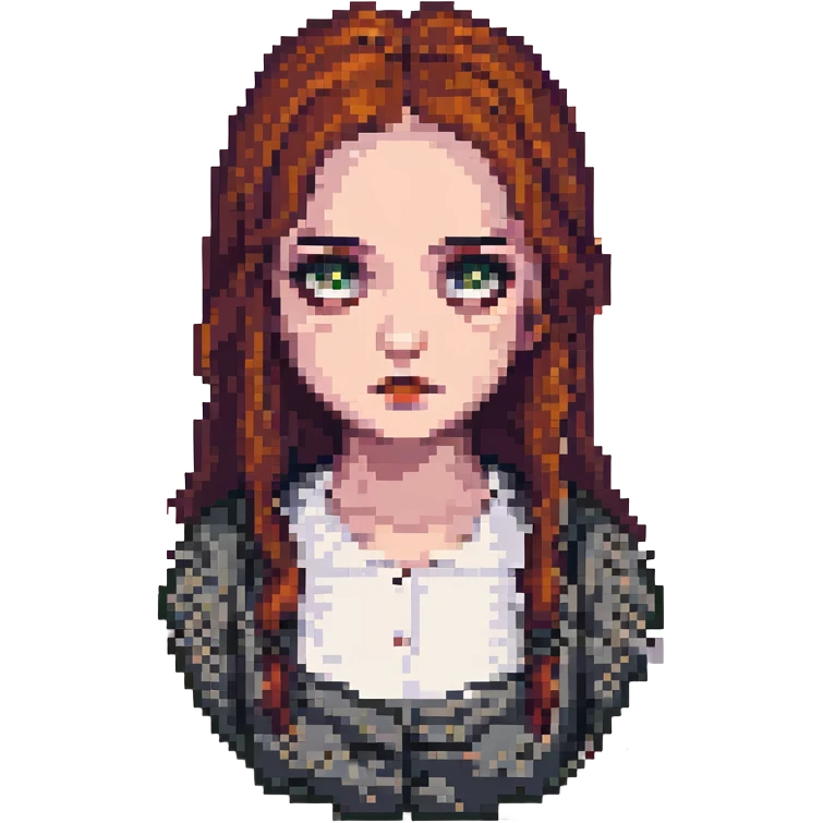 Silent Hill character emote for Twitch, pixel art style, featuring Alessa Gillespie with a haunting expression emoji