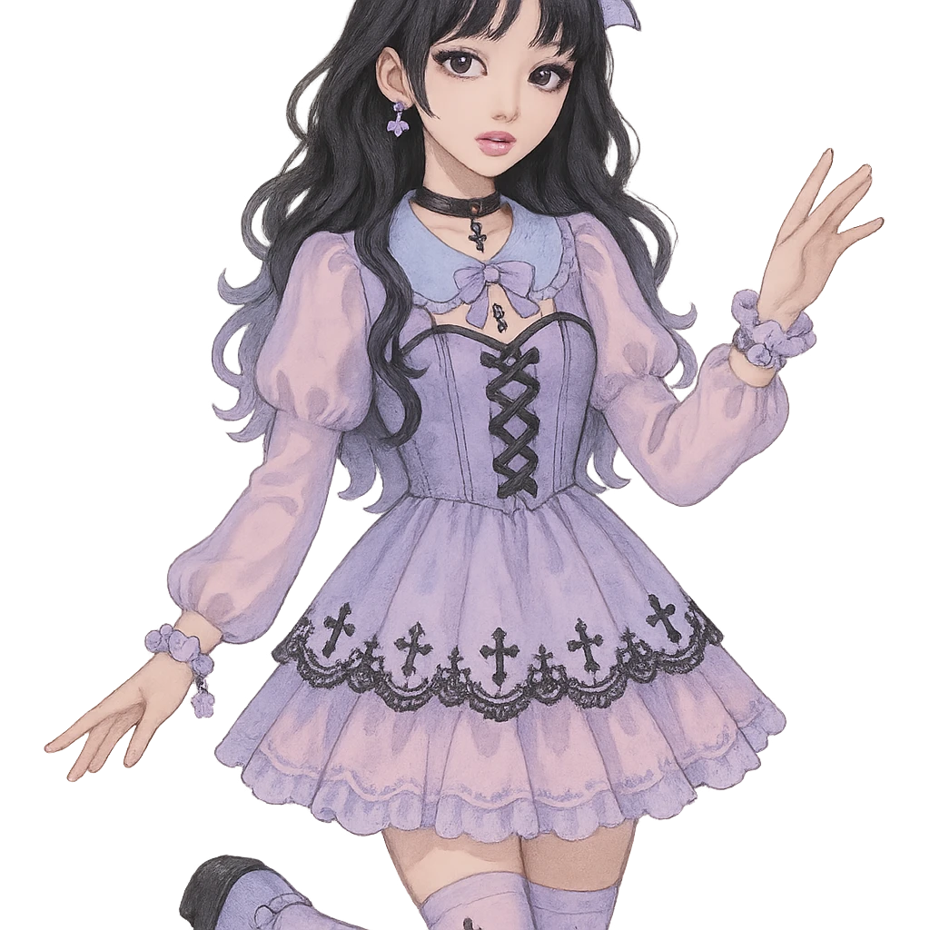 gothic K-pop girl, dreamy pastel goth style, soft colors with gothic details, whimsical pose, cute accessories emoji
