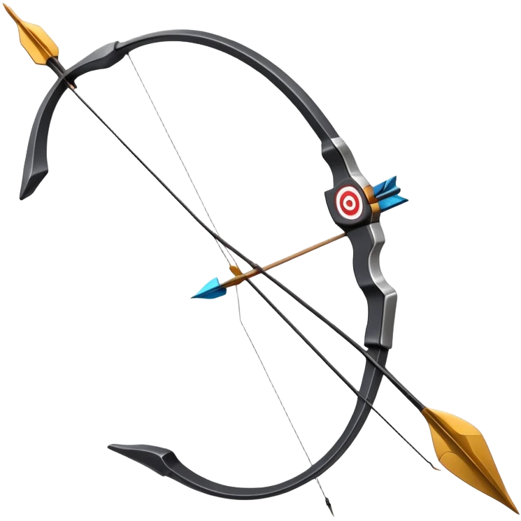 A professional recurve bow with an arrow nocked, ready to be released. The target features concentric rings, placed at a distance. The emphasis is on the bow, arrow, and target, highlighting the precision, focus, and skill involved in competitive archery. emoji