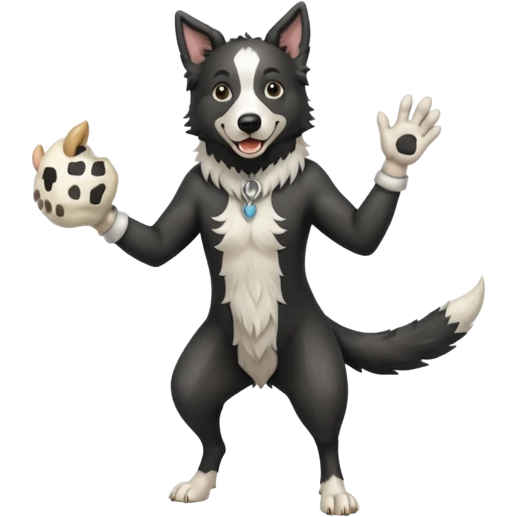 A black and white border collie werewolf, standing on her hind legs, holding a cow's hoof. emoji