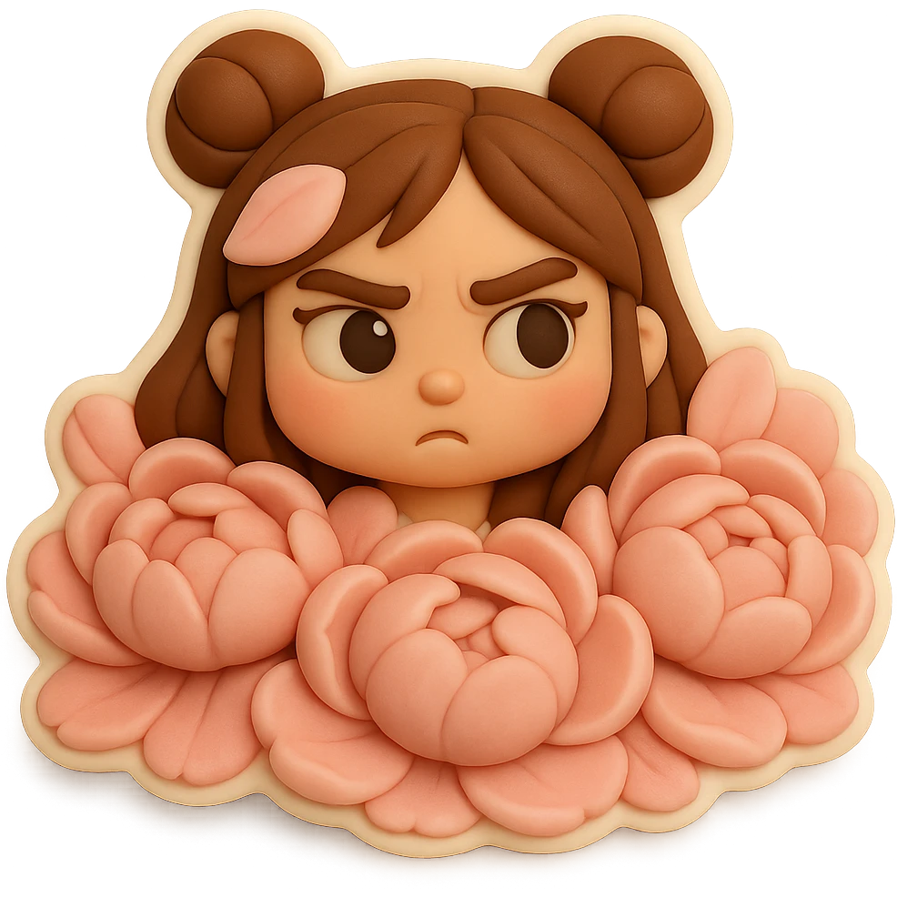 3D chibi fondant cake art style, high-quality rendering with smooth shadows and soft gradients. Girl based on reference image with preserved facial features and eye shape exactly as in the reference. Long brown hair in two space buns, brown eyes, thick white outline like a sticker, transparent background. Her head pops out from a sea of huge soft pink peonies, only her face and a few petals on her hair are visible. emoji