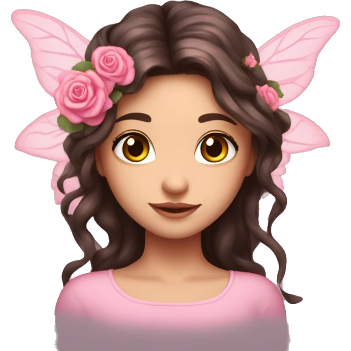 Beautiful, rose, fairy, pink, flowers in hair, long dark brown hair, big wings, fair skin emoji