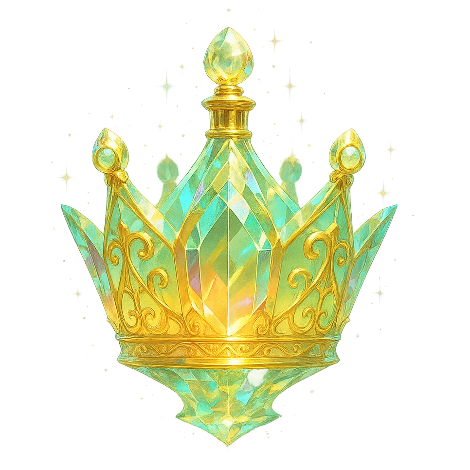 luxurious crystal elixir bottle in the shape of a crown, pastel gradient of yellow, orange, and green colors, lots of glowing effects, facets, ornaments, golden details, magical effects, very small golden neck, transparent background, beautiful merging base, clearly floating in the air, no base or shadow, premium class impression, interesting design fitting a collection of crystal, luxurious, magical bottles emoji