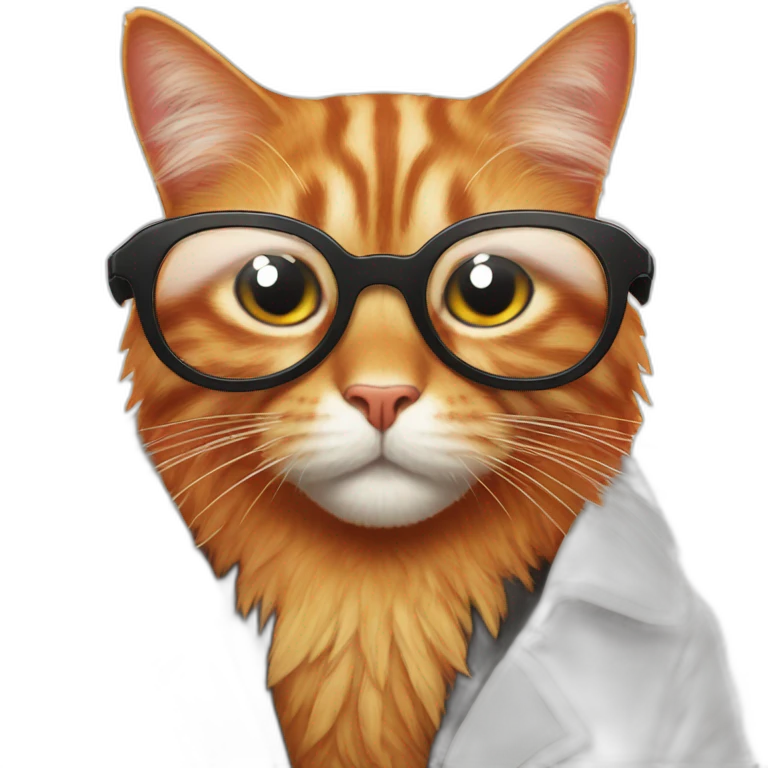 Red cat in a white coat with a feather behind his ear and full-length black glasses emoji