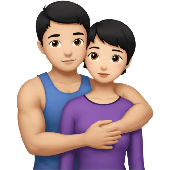 buff Asian Man black hair hugging girl with black pixie cut  emoji