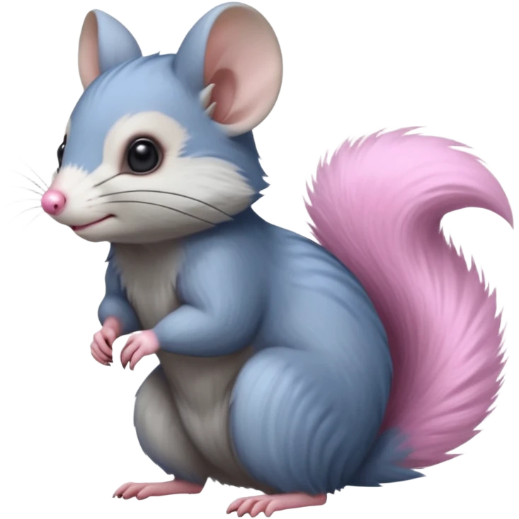Blue-pointed, grey, soft natural realistic romantic vintage antique divine beautiful elegant pretty precious cute young youthful  Fakémon-Pokémon-alien-opossum-squirrel-feline-chinchilla-rodent-hybrid-creature with a big fluffy bushy tail (full body) emoji