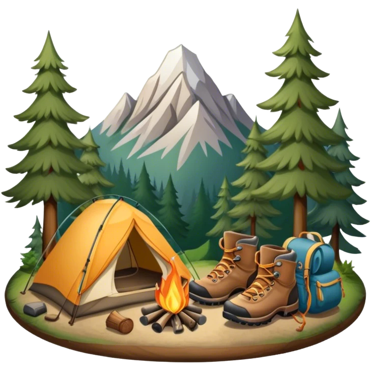 Icon for Hiking: a pair of hiking boots, a backpack, a walking stick, a tent, and a kettle over a campfire, surrounded by trees and a mountain trail. The icon should capture the adventure and warmth of camping. Transparent background. emoji
