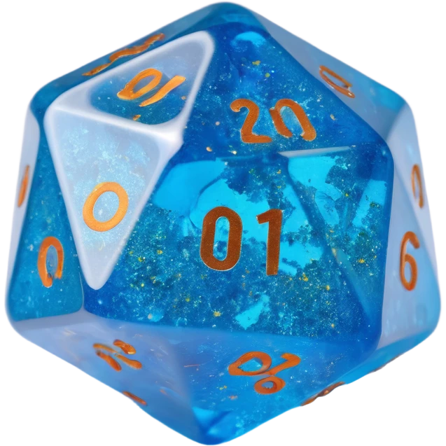 translucent d20 die with glitter emoji