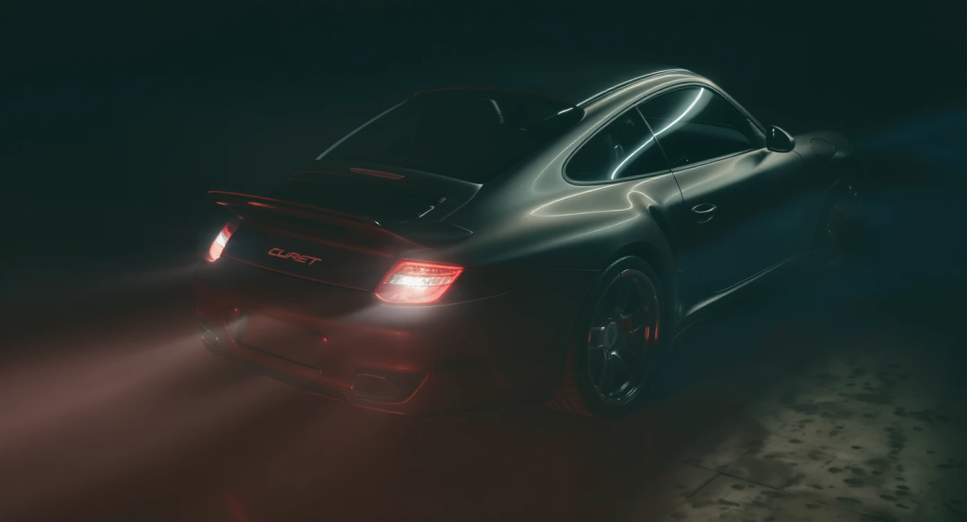 Medium shot of a porsche 911 made of russian capret, red solid studio background, low keu light, top soft light, dutch angle,  captured by arri alexa emoji