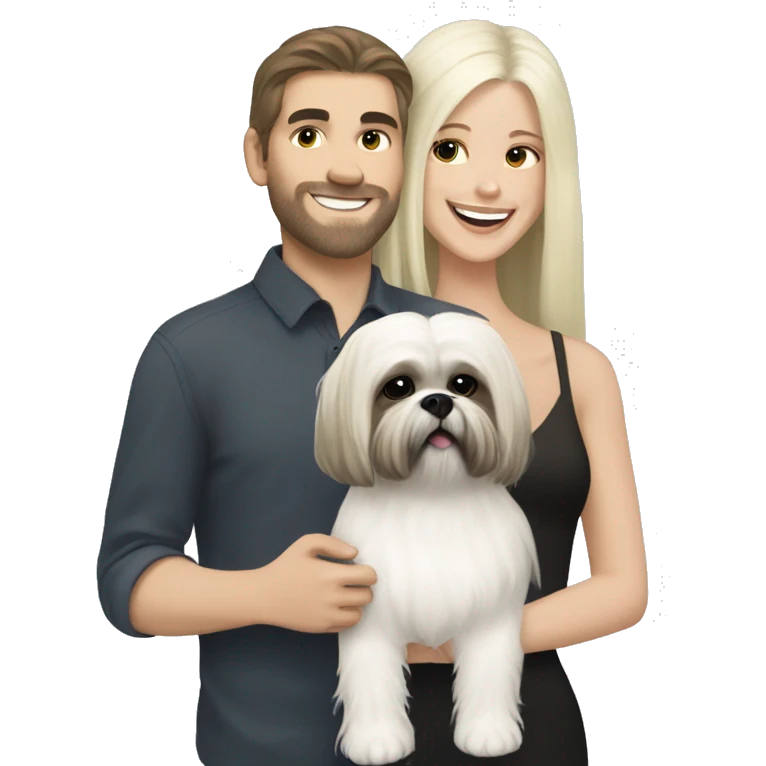 White blonde long-haired girl with white brunette boy carrying happy, black Shih Tzu emoji