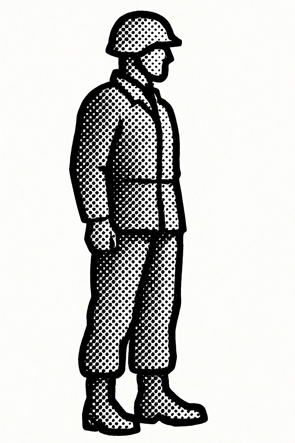 silhouette of a standing American soldier, general silhouette, black and white, minimalist technical drawing, outline only, no weapons, only helmet and uniform emoji