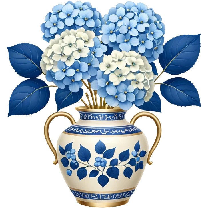 Blue and white floral  chinoiserie vase white gold handle, with white hydrangeas stem and blue hydrangeas stems emoji
