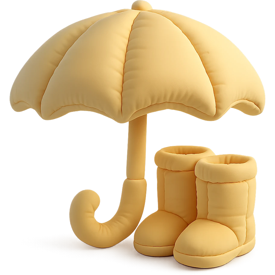 umbrella with matching rain boots, plush and rounded, cute, cushion style emoji