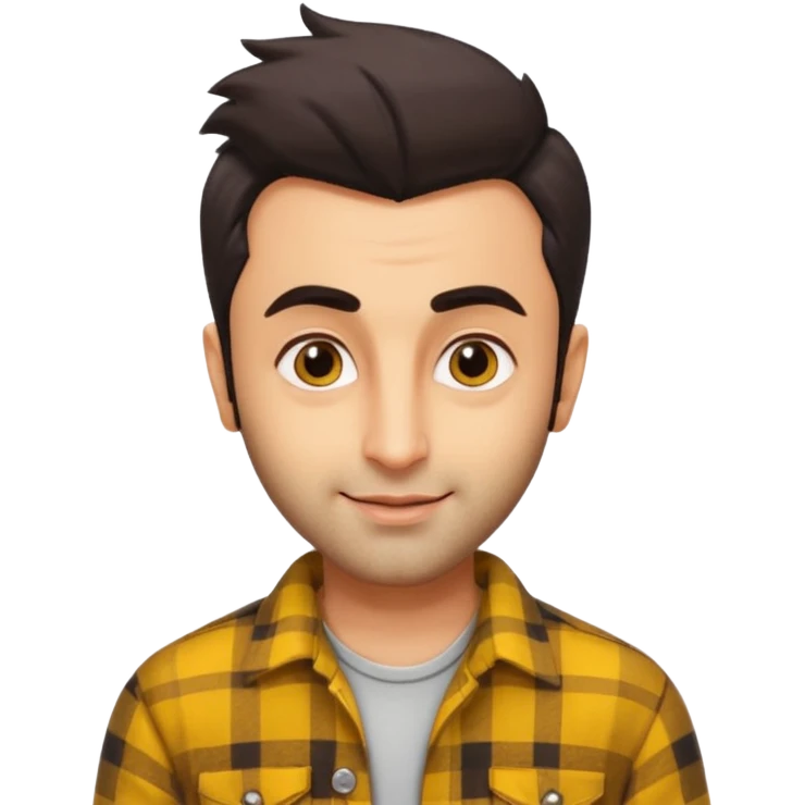 generate a pretty bratz emoji 
Make her look like Ranbir kapoor wearing a yellow flannel shirt, smirkinh

She should look exactly  like ranbir kapoor!  emoji