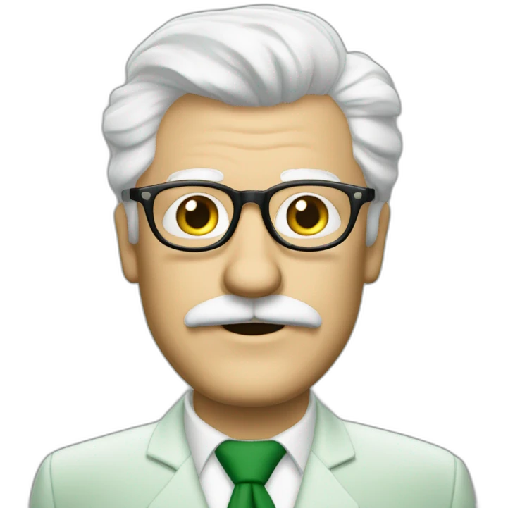meester frank visser white hair, white mustache and glasses. Nice green suite emoji