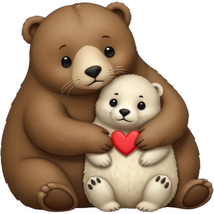 small white seal hugging a big brown bear with a heart in between them emoji