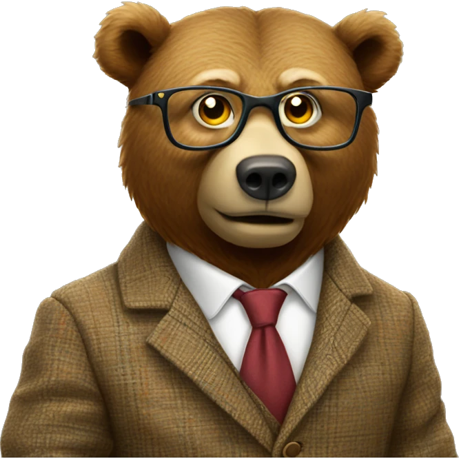 Brown bear animal dressed as a university professor wearing tweed suit and clear yellow plastic thick-rimmed glasses emoji
