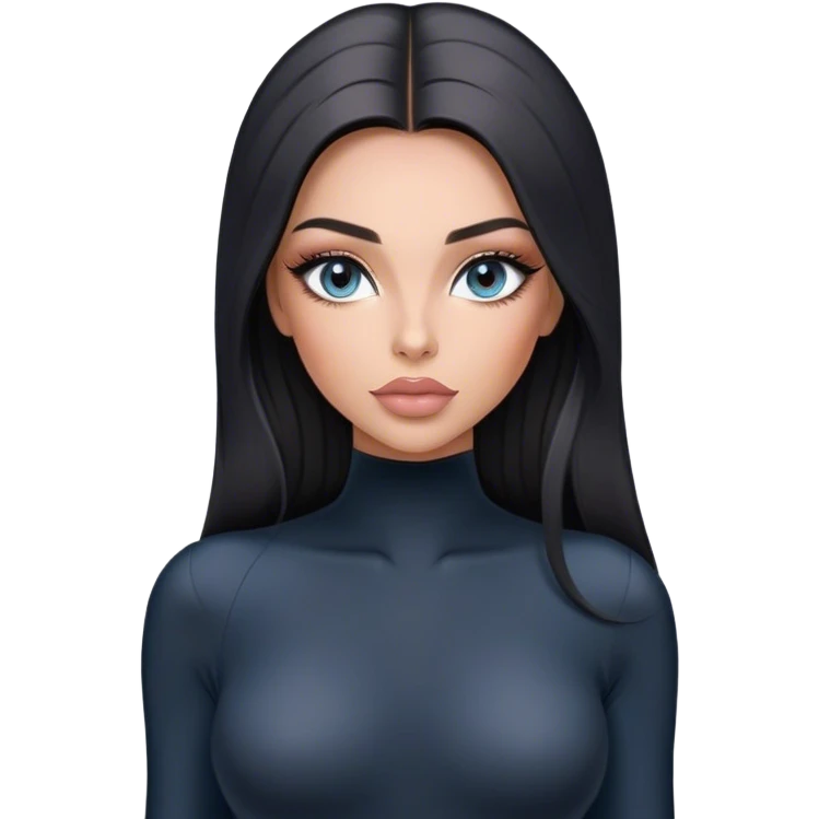 Glamours, tanned, very beautiful girl, with big pump peach-beige-rose lips, long long lashes, black straight smooth silky long hair, straight parting hair, blue-grey eyes in black long-sleeves bodysuit emoji
