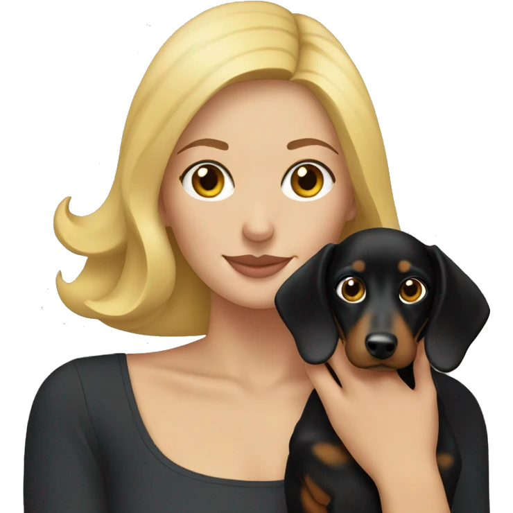 blonde woman holding black dachshund close to her face emoji