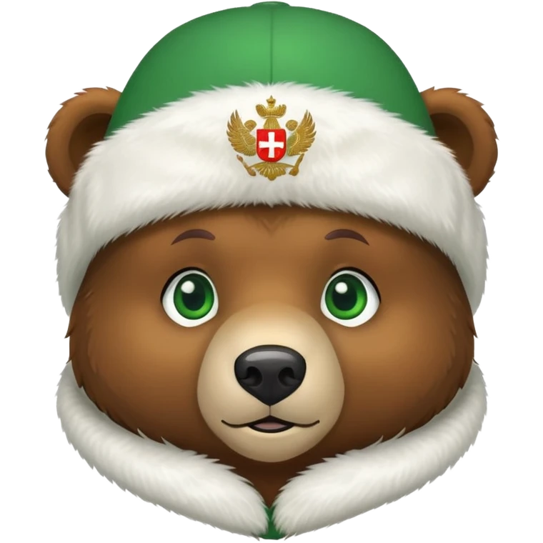 Cute brown bear head with green eyes, wearing white fur ushanka hat with prominent Russian Federation coat of arms on front, iOS emoji style emoji