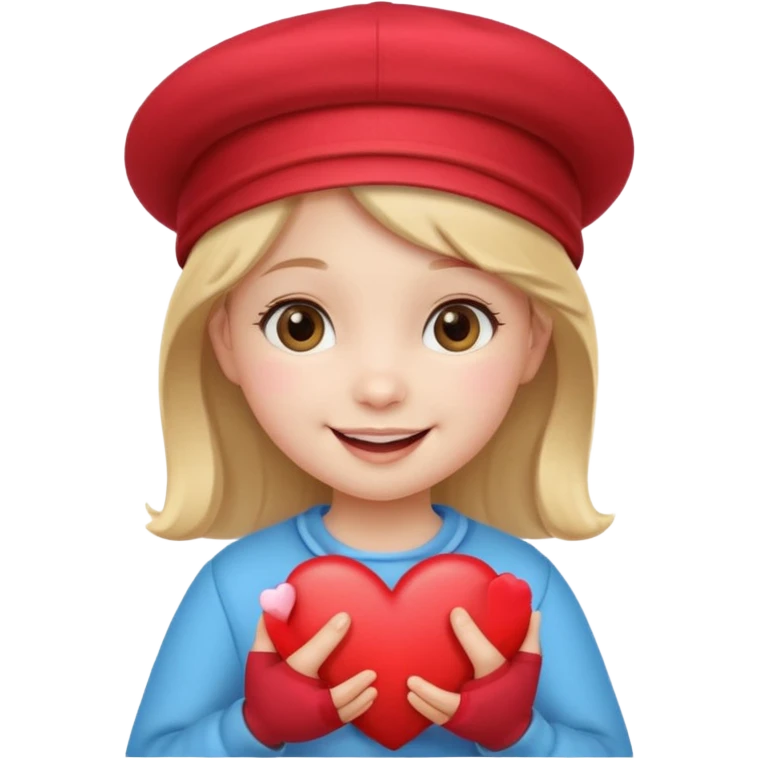 a little girl holding a heart, a cute and cheerful face, wearing a hat emoji