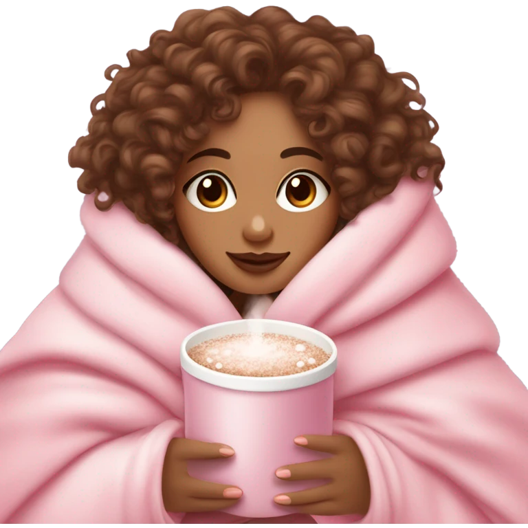 Light skin girl  with brown curly hair under our pink blanket,make her look like a young  make it so you can see the curly hairsipping hot cocoa with marshmallows, cuddled around the blanket, long curly hair, long, medium lashes emoji