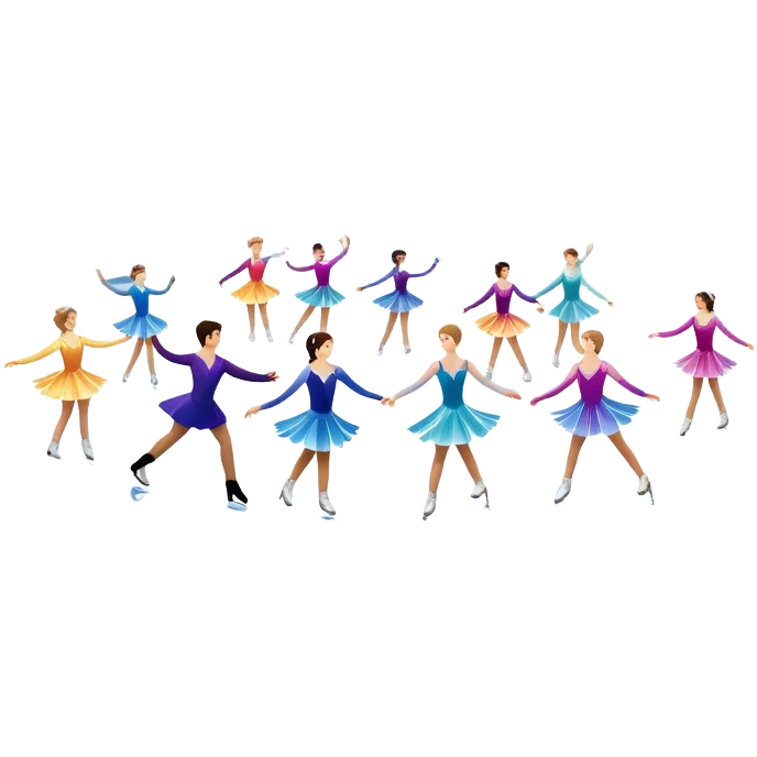 An icon showing a scenic ice rink with multiple figure skaters performing elegant moves under soft spotlight beams. Surrounded by audience stands and shimmering ice, the scene reflects harmony, grace, and the magic of figure skating. Transparent background included emoji