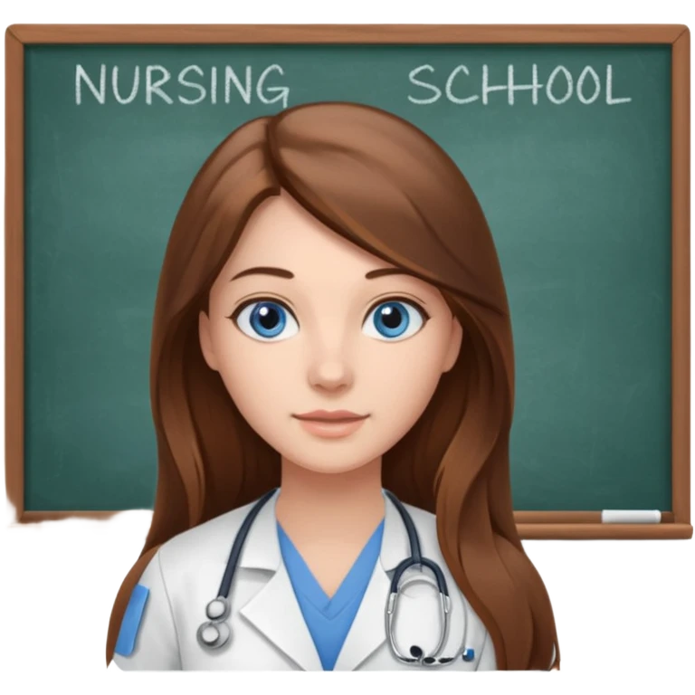 university classroom that says nursing school on the board with a pretty female nursing student with long brown hair, blue eyes emoji