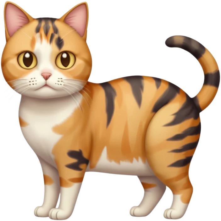full body calico tabby cat with skinny head and fat body with an anxious face emoji
