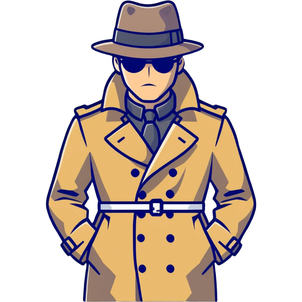 cartoonish spy Штирлиц in a trench coat and hat, looking serious emoji