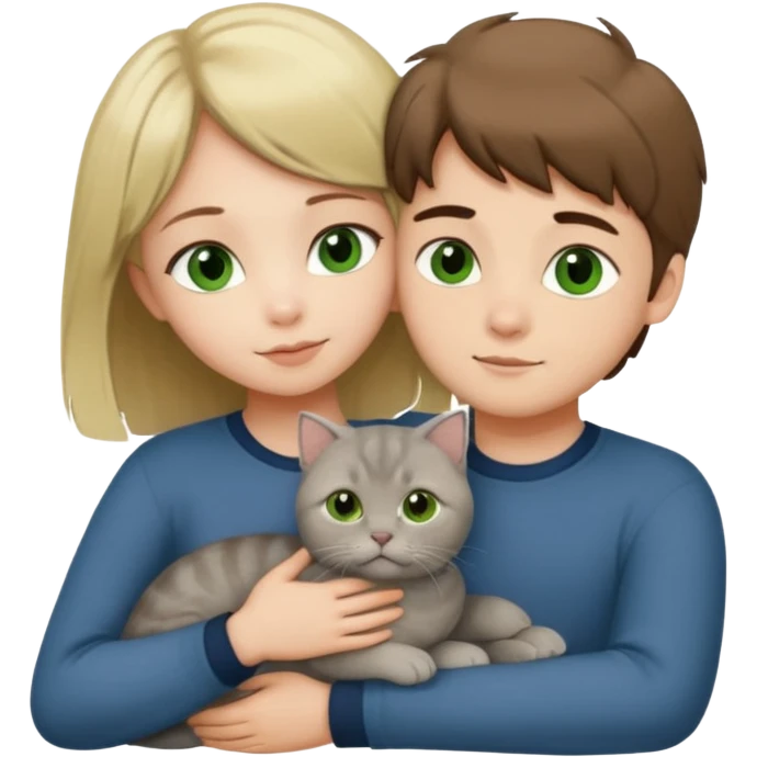 Blonde green eyed girl and brown Hair green eyed boy in love hugging a grey scottish fold cat emoji