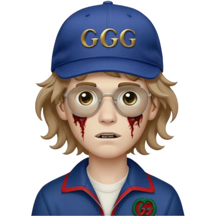 Faça um menino pálido, parecendo um Zumbi, faça esse menino com o cabelo ondulado e meio loiro, faça ele usando um boné escrito Gucci, com uma fonte pequena, e faça umas artes de Gg  emoji