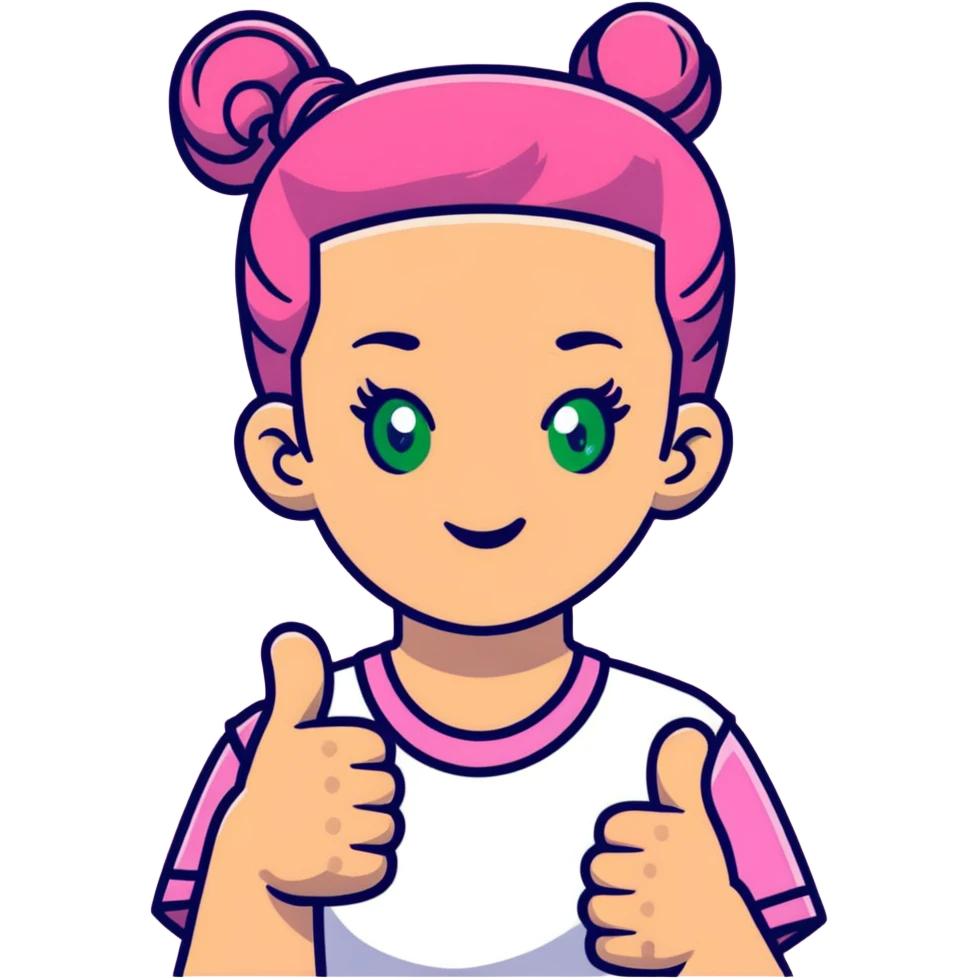 girl with pink topknot haircut and green eyes giving a thumbs up emoji