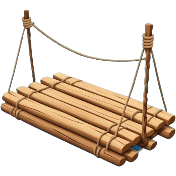 showing a simple wooden raft floating on calm blue water — made of several brown logs tied together with rope — gentle ripples around it — bright, cheerful lighting and soft shadows — minimalist, clean emoji design emoji
