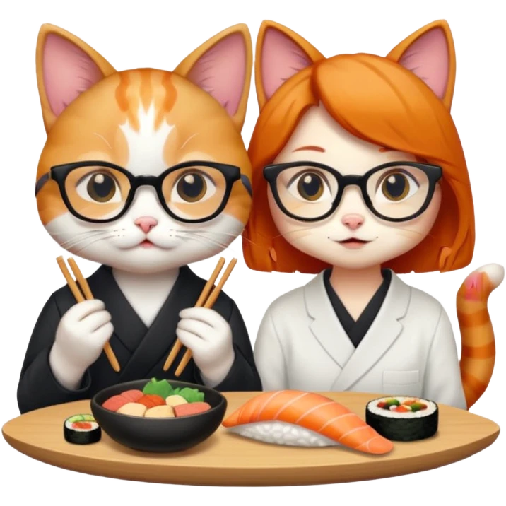 cute girl cat wearing glasses and a cute boy cat eating sushi together emoji