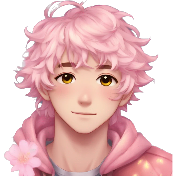 Gorgeous bright sparkly anime style guy with blushing face and flowers aesthetic trending style outside emoji