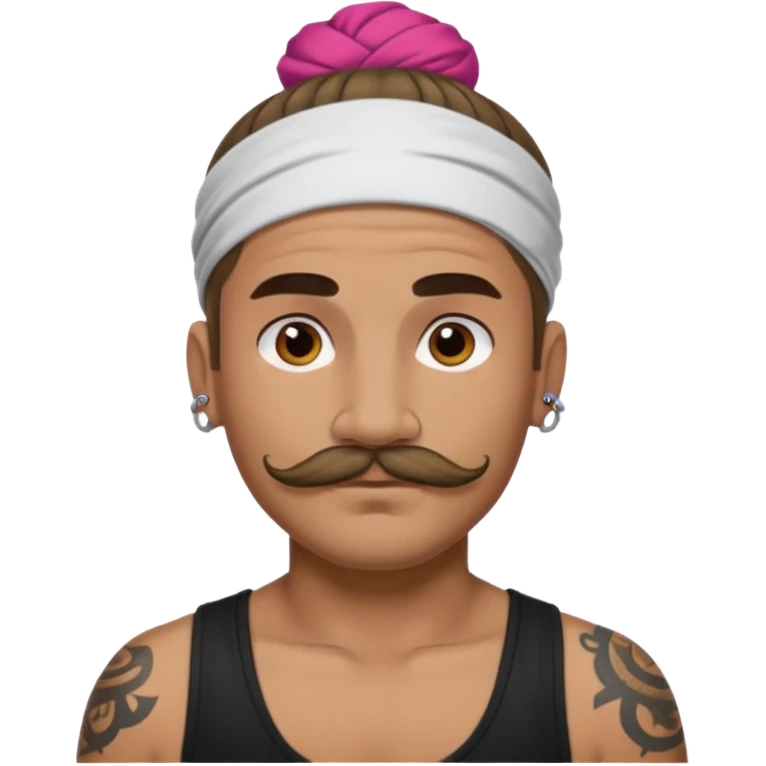 single bun hair man and mustache and face tattoos very heavy and headband emoji