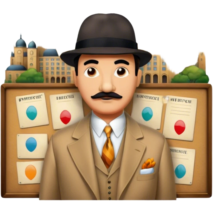 Icon for Detective Movies: A colorful collage with Hercule Poirot and mysterious city backdrop. Include a board with photos of suspects, clues like fingerprints and a crime scene. Retro movie poster style. Transparent background. emoji