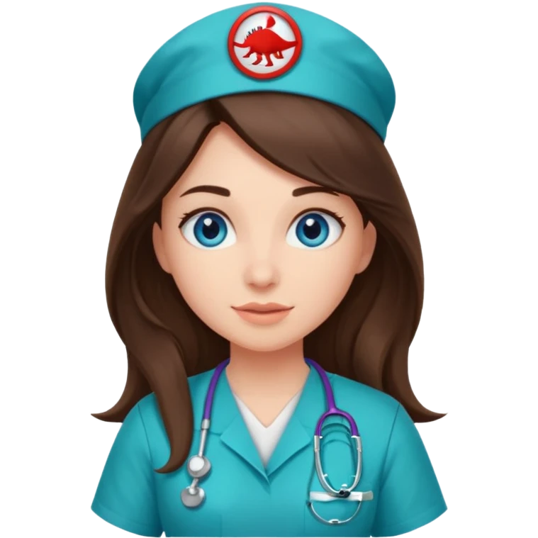 pretty brunette nurse with long hair and blue eyes in dinosaur scrubs emoji