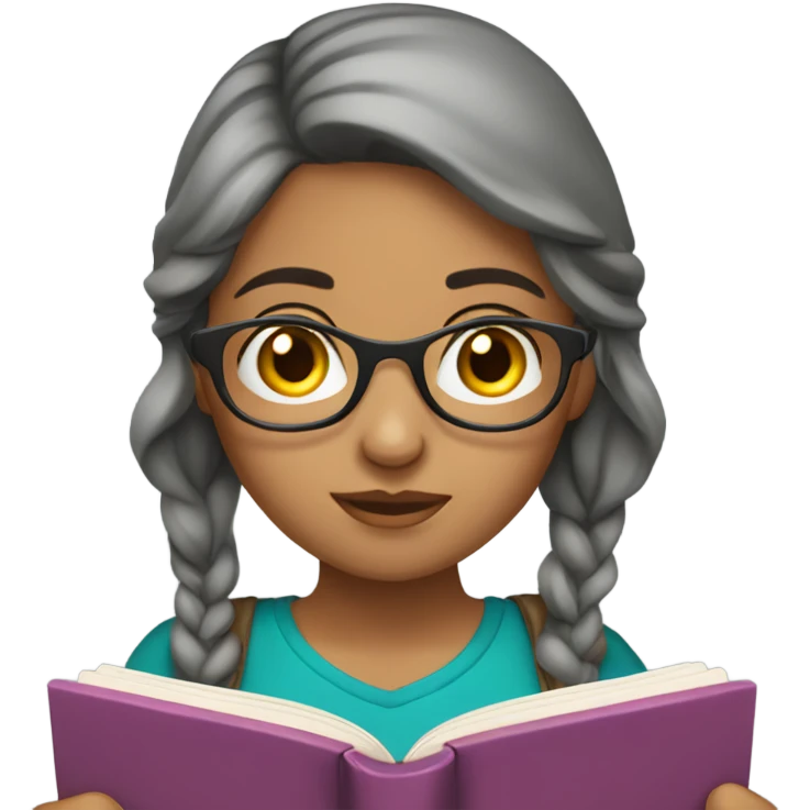 girl reading book, black eyes, Hispanic, grayish hair, wearing classes  emoji