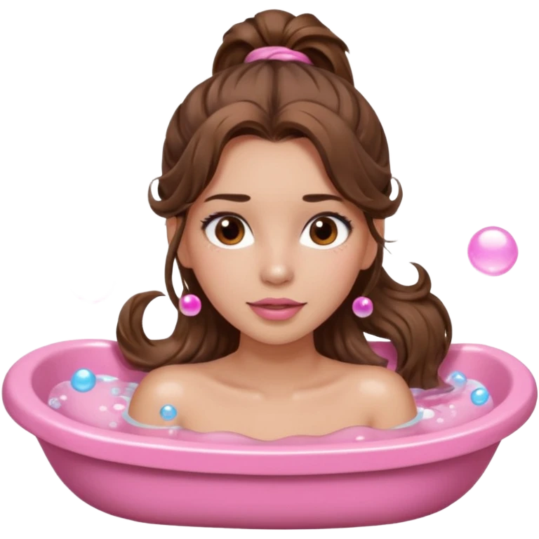 girl with wavy long ponytail brown hair, brown eyes, light to medium complexion, long lashes, light pink lipstick, wearing light pink shirt, lying in a bathtub with bubbles emoji