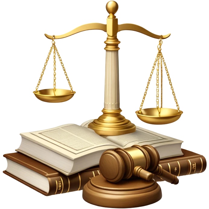 An icon featuring scales of justice, a gavel, and a legal book, symbolizing the study of law. The design includes courthouse pillars in the background, representing authority and legal systems. Transparent background highlights the principles of justice, order, and legal education. emoji